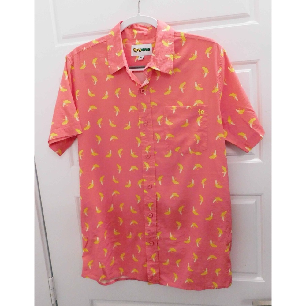 Tipsey Elves men Pink Bananas Allover Print Short Sleeve Button Down Shirt Sz S